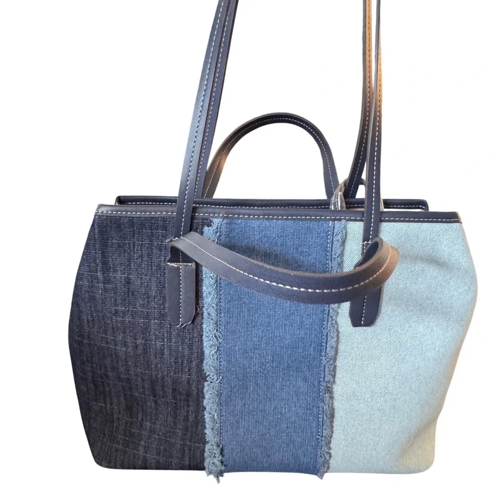 True Religion 2 in 1 handbag Tote Crossbody Three Tone Denim Patchwork NWT